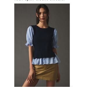 Anthropologie Ruffled Knit Layered Poplin Sleeve *In Beige* Top Sweater Medium